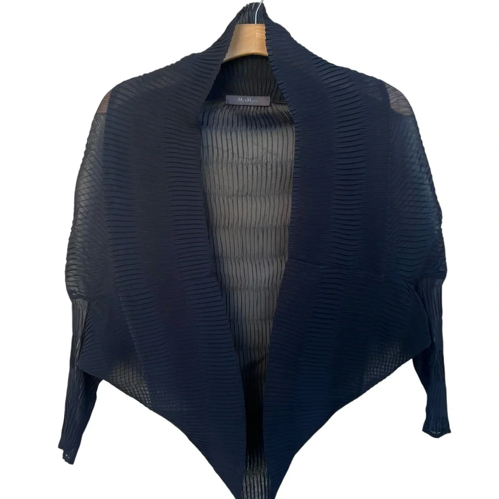 Max Mara Vesuvio Black Chiffon Pleated Open Front Cape